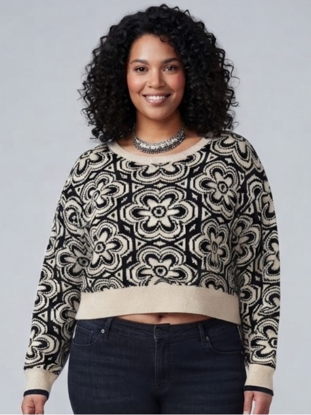 NWT PHILOSOPHY Black & Cream Floral Jacquard Crop Sweater 2X